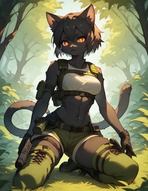 score_9, score_8_up) score_7_up, score_6_up, solo, cat, kemono, anthro, cute, short hair, orange eyes, white pupils, sexy, black fur, shorts, tactical harness, croptop, thigh high boots, assassin girl, mesh body suit, tactical gloves, medium breasts, fores...