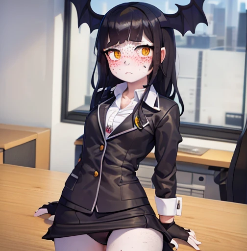 (detailed), (((bat girl))), (((murcielago))), gray skin, black wavy hair, ((mini skirt)), (((freckles in the face))), (((office worker suit))), sfw