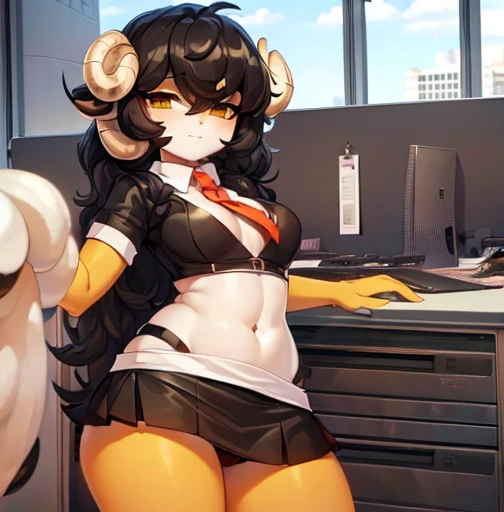 (detailed), (((chica SHEEP))), (((SHEEP))), (((black wavy hair))), ((mini skirt)), (((office worker suit))), (White skin), sfw