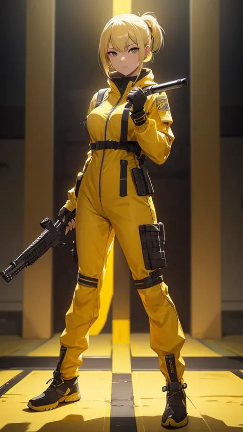 a woman in yellow holding a rifle and a gun, yellow battlefield theme, yellow overall, female full body, full body female, female lead character, full body shot hyperdetailed, katana zero video game character, elegant yellow skin, with yellow cloths, full ...