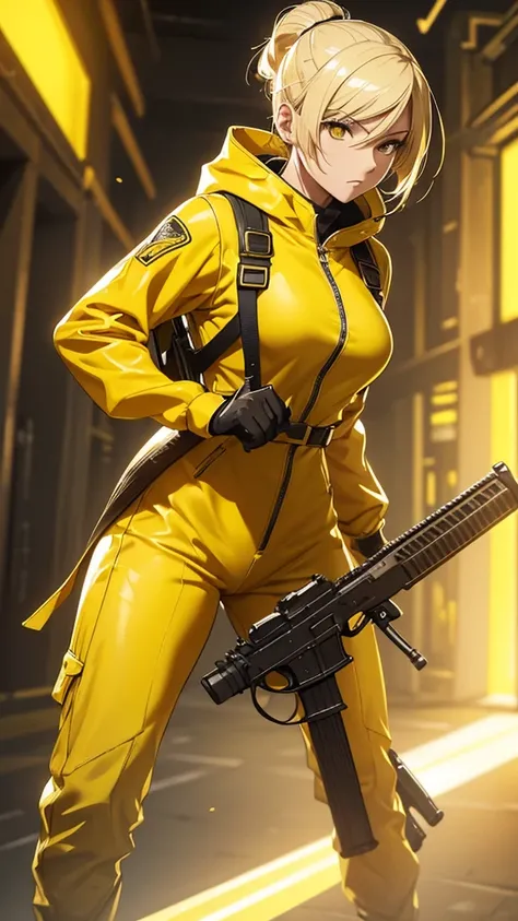 a woman in yellow holding a rifle and a gun, yellow battlefield theme, yellow overall, female full body, full body female, female lead character, full body shot hyperdetailed, katana zero video game character, elegant yellow skin, with yellow cloths, full ...