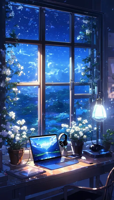 A serene scene in a magical laboratory setting..: A laptop with a bright screen sits on a table next to a large window,It was raining heavily outside。 Blue neon light gently illuminates white flowers next to a tablet and monitor.. Vocal Microphones and Hea...