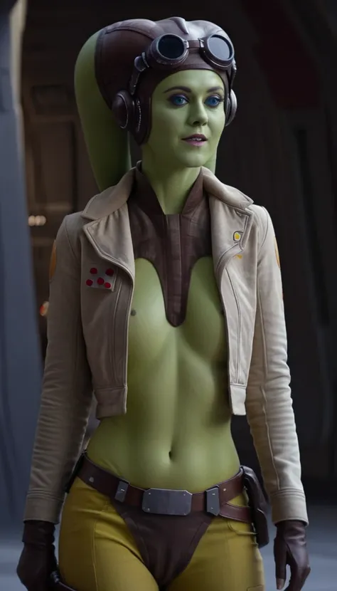 A beautiful, sensual green-skinned woman, Hera Syndulla, nude , (detailed realistic,4k,highres,masterpiece:1.2), (NO JACKET), cinematic lighting, dramatic shadows, intricate anatomy, flawless skin, mesmerizing gaze, dynamic pose, star wars imperial logo ta...