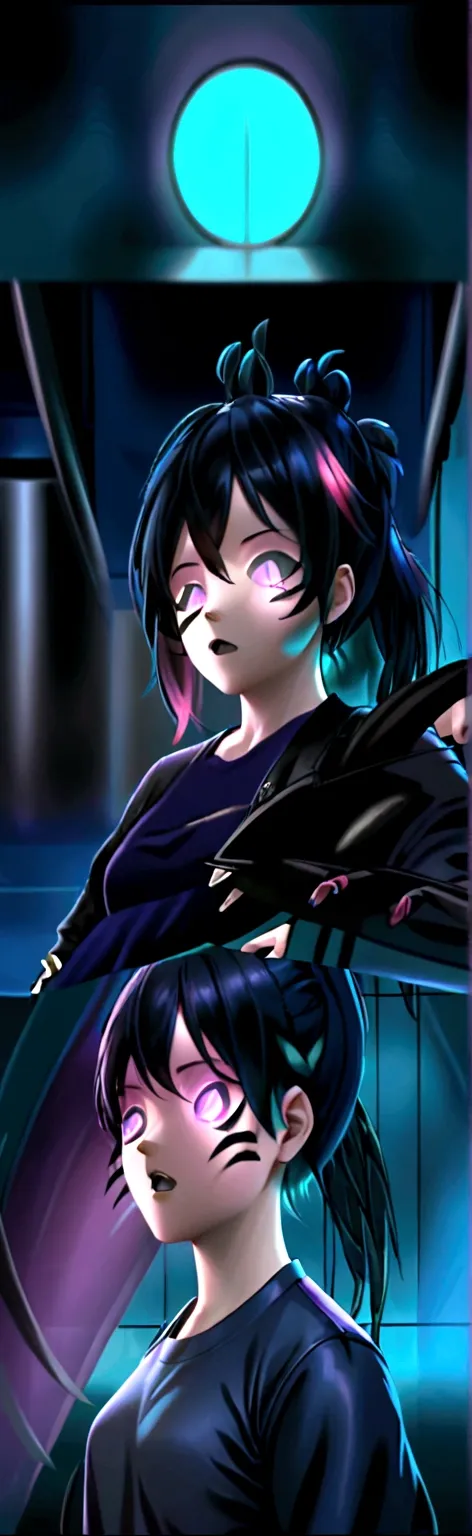 Adult Asian woman with pink eyes and dark blue hair tied in a ponytail that is not dyed pink with bangs that go down to her nose divided into three strands, with part of one of the strands of the bangs being dyed pink, She wears a black leather jacket with...