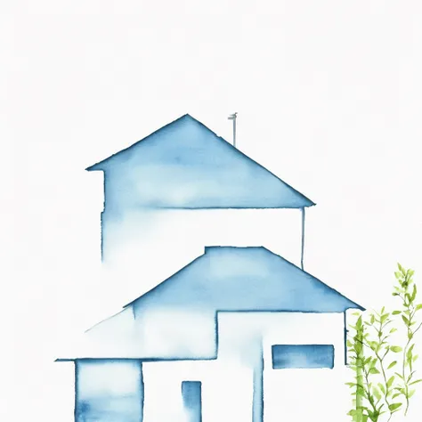 watercolor, minimalism, home with field, solid background with light blue, with phrase "A good home must be made, not bought"