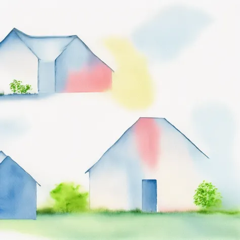 watercolor, minimalism, home with field, solid background with light blue, with phrase "A good home must be made, not bought"