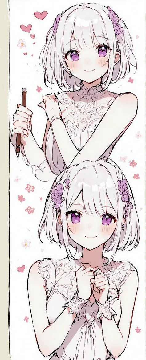 Detailed and precise manual work,I love the long white hair,Purple eyes,cute white dress,Cat ear,Your shy smile is beautiful,Hand-drawn illustration