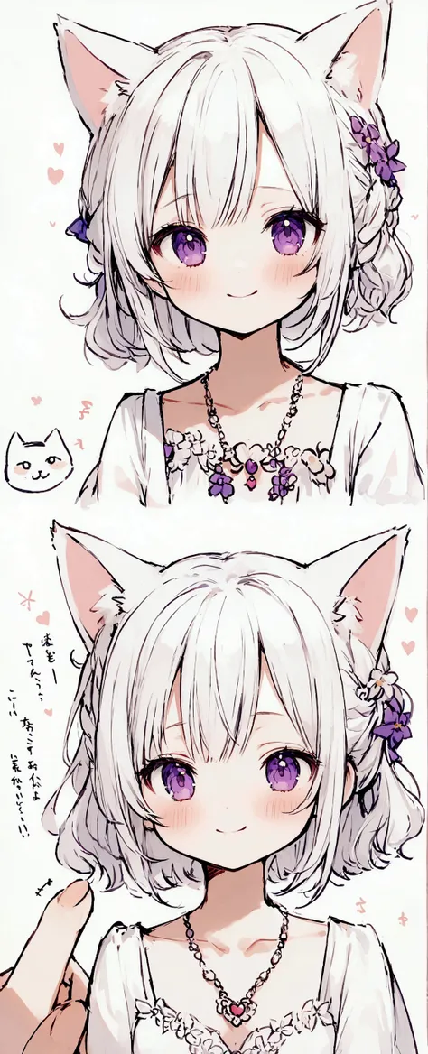 Detailed and precise manual work,I love the long white hair,Purple eyes,cute white dress,Cat ear,Your shy smile is beautiful,Hand-drawn illustration