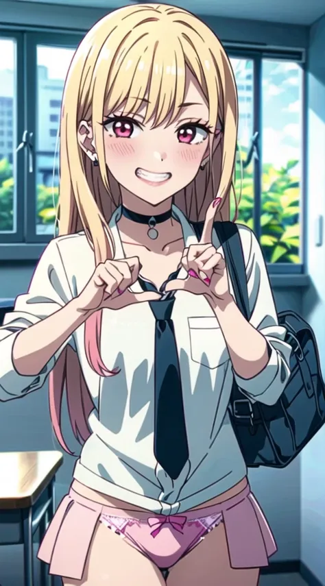 1girl,kitagawa marin,smile,(blonde hair:1.2),solo,shirt,choker,necktie,long hair,red eyes,jewelry,looking at viewer,,grin,(white shirt:1.2),earrings,black choker,bag,ear piercing,blush,piercing,bangs,blurry background,collared shirt,school bag,blurry,upper...