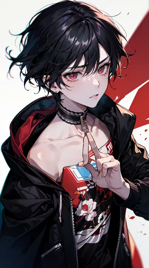  a boy with black hair and red eyes. messy hair. staring blankly. wearing a black hoodie. (Close-up:1.1) 