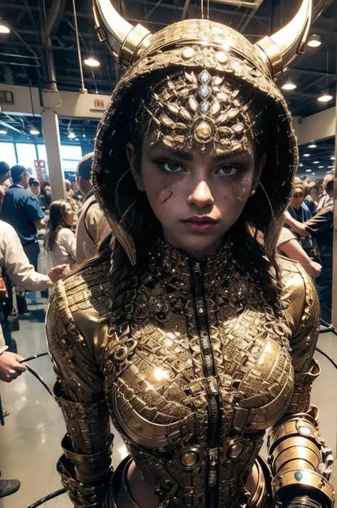 a cool girl wearing a detailed steampunk armored suit. exposed wiring, lots of cords and tubes connecting to the system.