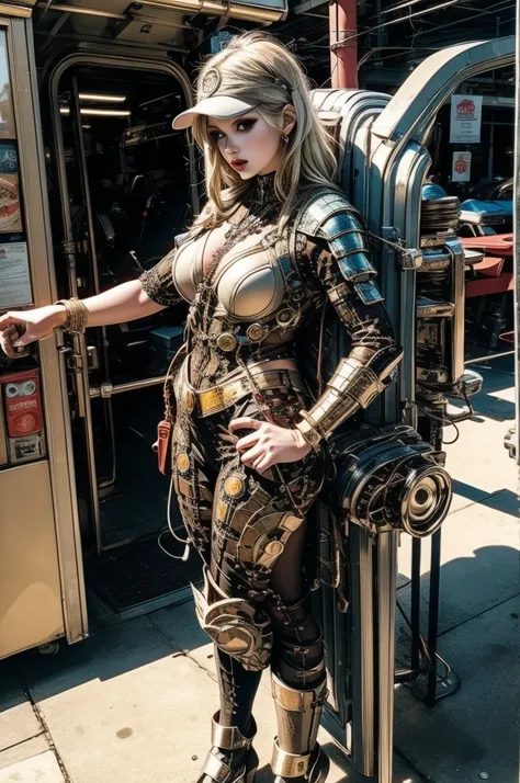 a cool girl wearing a detailed steampunk armored suit. exposed wiring, lots of cords and tubes connecting to the system.