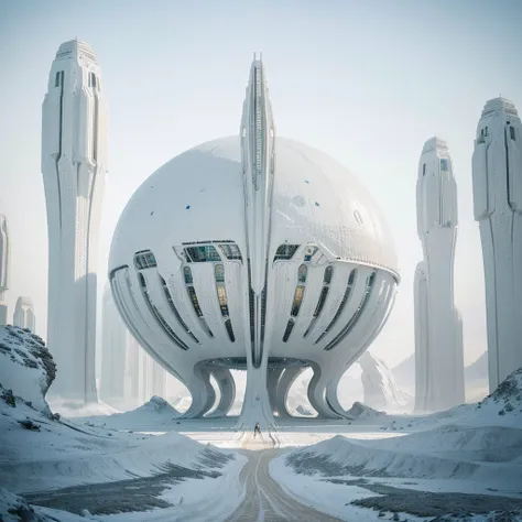 a lush alien landscape, pristine white metallic forerunner architecture, dramatic terrain, exotic flora, futuristic and otherworldly environment, intricate designs, glowing elements, sleek and towering structures, advanced technology, photo-realistic, 8k, ...