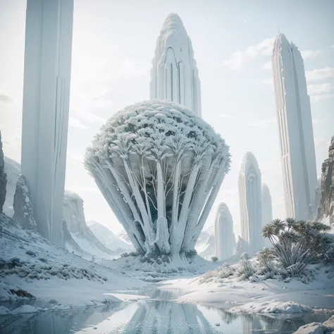 a lush alien landscape, pristine white metallic forerunner architecture, dramatic terrain, exotic flora, futuristic and otherworldly environment, intricate designs, glowing elements, sleek and towering structures, advanced technology, photo-realistic, 8k, ...