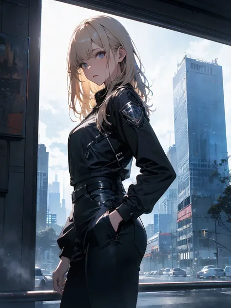  (Official Art、Highest quality、unity 8k wallpaper、32k、​masterpiece、Very detailed、超A High resolution、Realistic、Realistic:1.2)、(Cinema Lighting:1.2), High resolution, (masterpiece: 1.4), Very detailed, One Girl, Platinum Blonde, Medium Hair, Skyscraper facad...