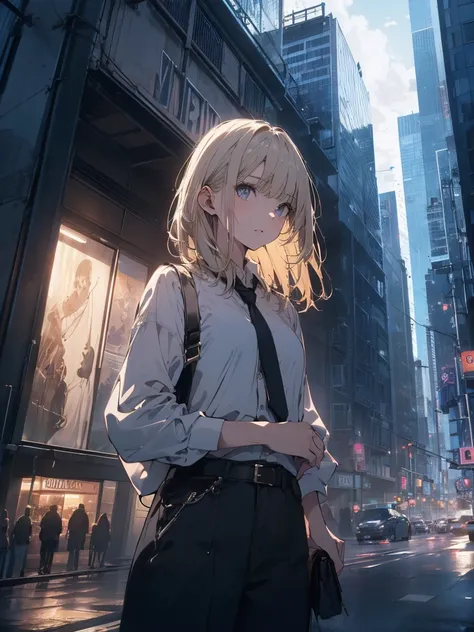  (Official Art、Highest quality、unity 8k wallpaper、32k、​masterpiece、Very detailed、超A High resolution、Realistic、Realistic:1.2)、(Cinema Lighting:1.2), High resolution, (masterpiece: 1.4), Very detailed, One Girl, Platinum Blonde, Medium Hair, Skyscraper facad...