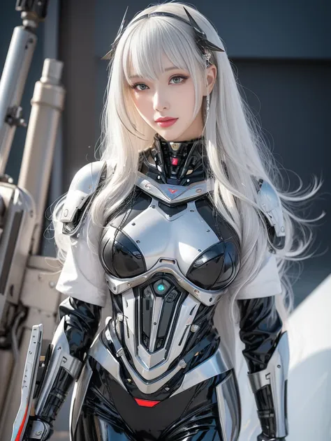 Super Detail, High Detail, high quality, best quality, High resolution，1 female robot，Beautiful female robot,beautiful clear face(Rain waves_haneame：1.5)， Realistic, High resolution, Soft Light,Hips up, (Detailed face), silver hair, long hair, Mecha Maiden...