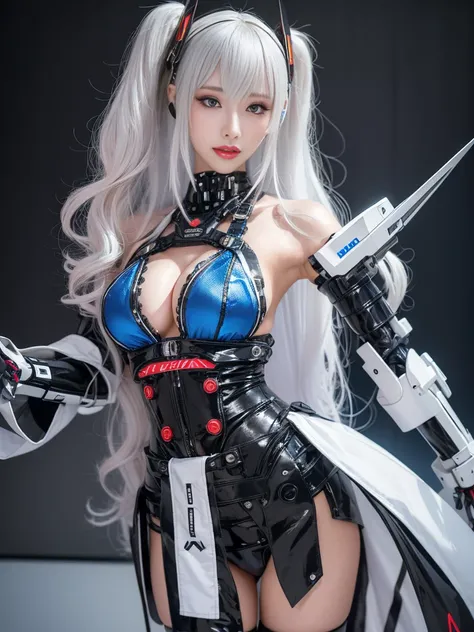 Super Detail, High Detail, high quality, best quality, High resolution，1 female robot，Beautiful female robot,beautiful clear face(Rain waves_haneame：1.5)， Realistic, High resolution, Soft Light,Hips up, (Detailed face), silver hair, long hair, Mecha Maiden...