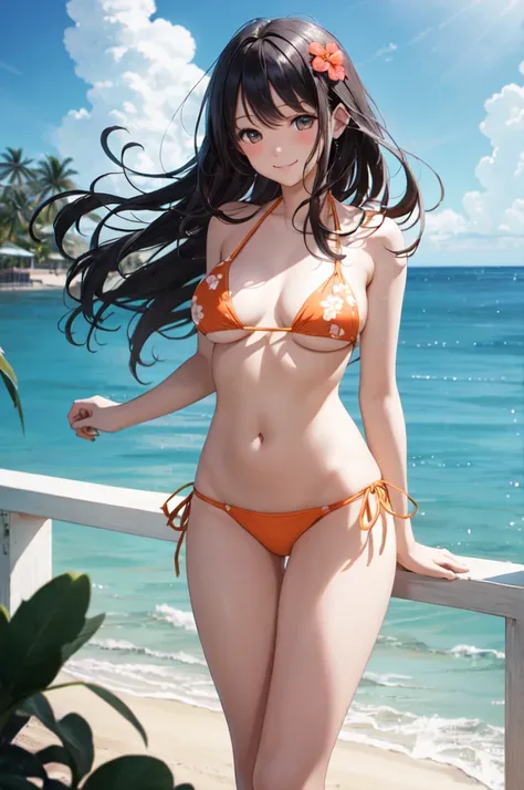 very cute and beautiful girl,(Very detailed美しい顔),(Orange floral bikini),
Are standing,Put your arms behind your back,View your viewers,Beach,Tropical Resort Hotel,(smile),Happy,Black Hair,
(Highest quality,masterpiece),Absurd,High resolution,Super detailed...