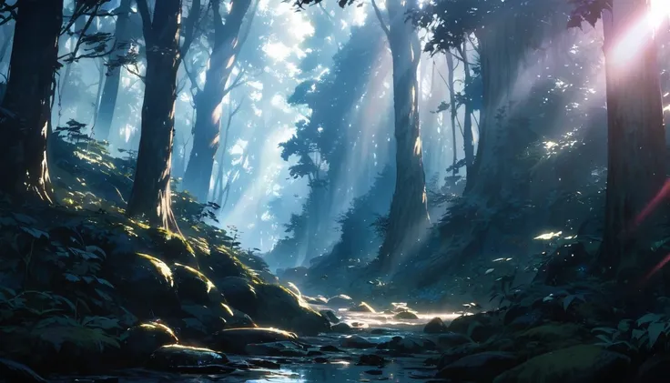 Eerie Dark Forest, Trees in the fog々Sunlight shines in from between, Cinematic forest lighting, 