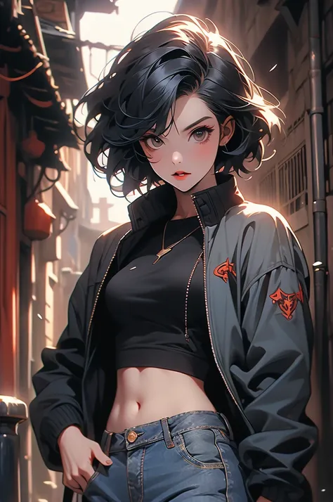 1girl, medieval city, dark alley, catgirl vampire, short black hair, bob cut, , jeans, jacket, sharp teeth, sleek tail