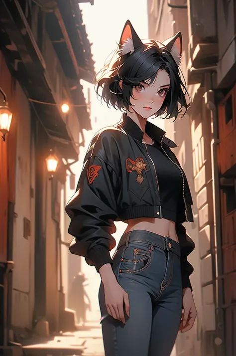 1girl, medieval city, dark alley, catgirl vampire, short black hair, bob cut, , jeans, jacket, sharp teeth, sleek tail