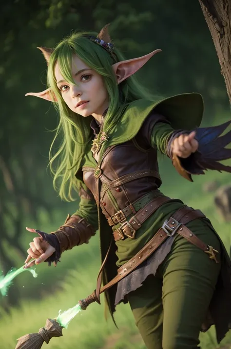 Goblin mulher, greenskin, pretty, fly away, wearing wizard clothes, and casting magic