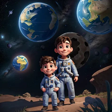 Happy astronaut boy in dark space with planet earth in the background 