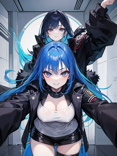 woman, long curry blue hair, dark gray black eyes, independent woman, intimidating, smile. mature woman. mafia. wear jacket