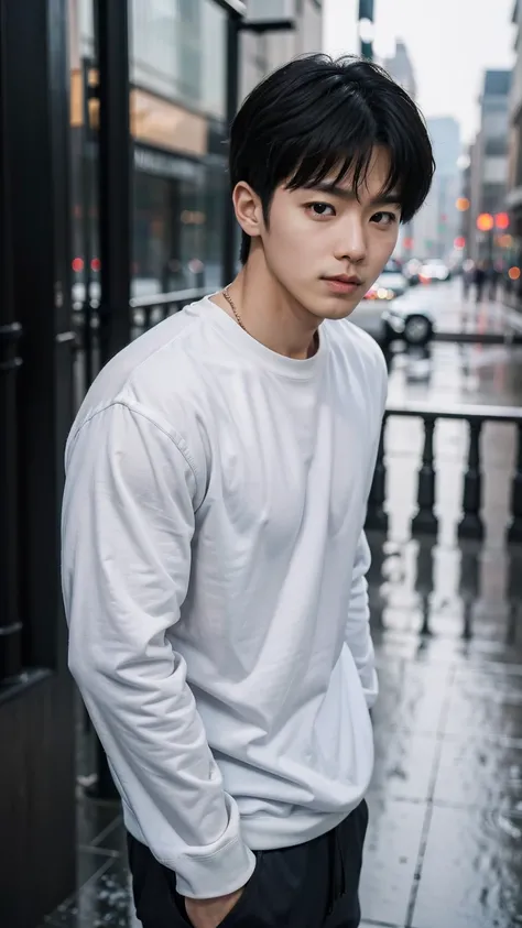 The captivating images show handsome Korean men, 32 years old、 He is wearing a white shirt, black sweatshirt and black sandals.、Standing in the rainy city, Attention to detail, This realistic portrait embodies the National Geographic style., Capture every ...