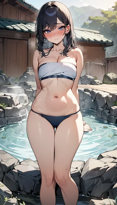 (((masterpiece))),(((High resolution)))、(((8K)))、(((perfect face)))、(((Korean beauty)))、25 years old、(((beautiful face))), (((tube top bikini))), (hot spring), a little Plump, embarrassed look, look at the camera, (thighs)、top quality eyes, detailed textur...