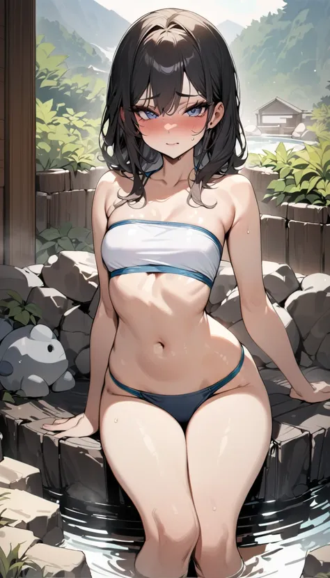 (((masterpiece))),(((High resolution)))、(((8K)))、(((perfect face)))、(((Korean beauty)))、25 years old、(((beautiful face))), (((tube top bikini))), (hot spring), a little Plump, embarrassed look, look at the camera, (thighs)、top quality eyes, detailed textur...