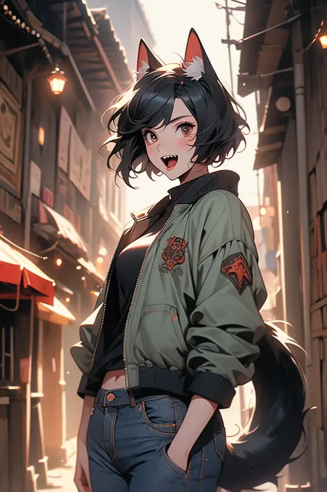 1girl, medieval city, dark alley, catgirl vampire, short black hair, bob cut, , jeans, jacket, sharp teeth, sleek tail, timid, shy, open mouth