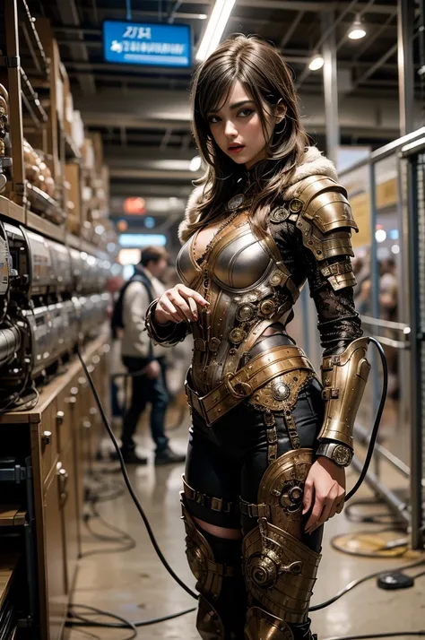 a cool girl wearing a detailed steampunk armored suit. Exposed wiring, lots of cords and tubes connecting to the system. 