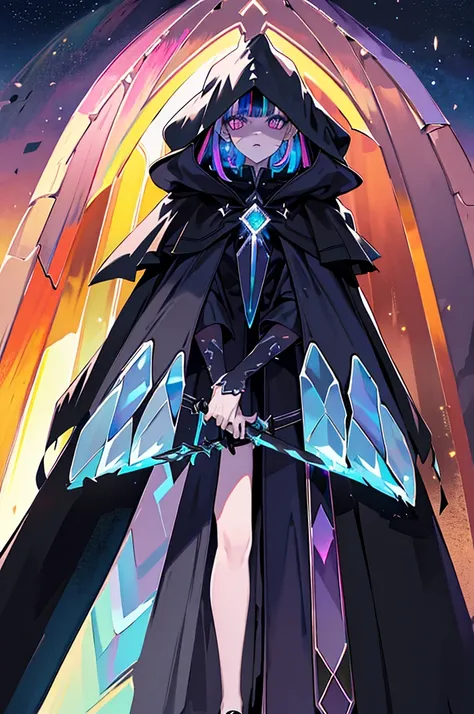 A High Mage with a very large wizards hat that covers part of her face, angry face with neon flash lit eyes, holding an extremely detailed crystal staff, long black clothing and cloak/cape, full black clothing, emanating aura extremely sinister, Full body,...