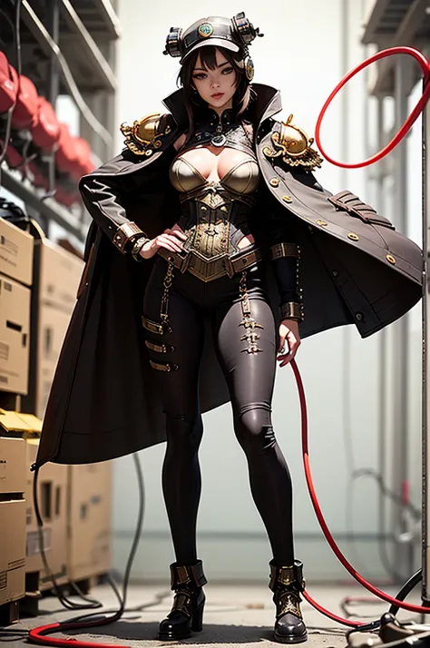 A full-length figure of a cool girl wearing a detailed steampunk armored suit. Exposed wiring, lots of cords and tubes connecting to the system. 