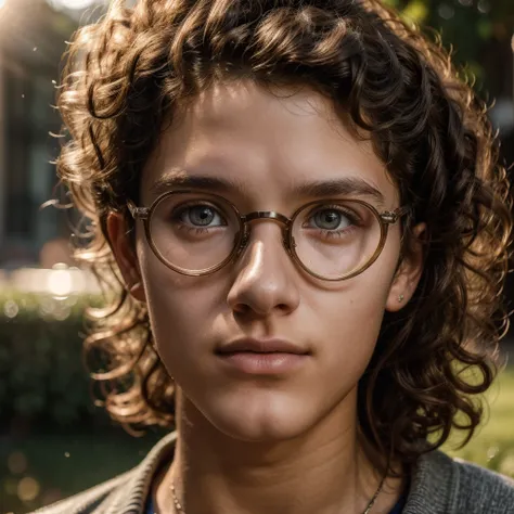 a 16 year old teenage boy with curly hair wearing round metal glasses, detailed portrait, beautiful detailed eyes, beautiful detailed lips, extremely detailed face, intricate hairstyle, warm lighting, cinematic, photorealistic, 8k, ultra-detailed, high qua...