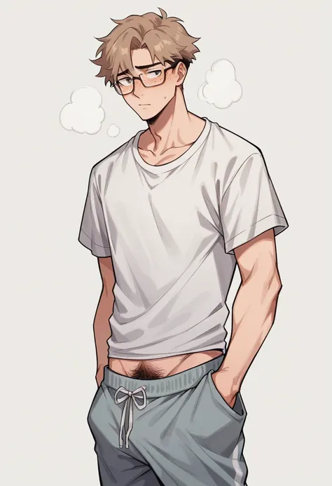 best quality, masterpiece, anime art style, skinny and tall 18 year old boy, freckles, very messy light brown hair, big glasses, shy, wearing baggy light grey sweatpants and oversized white tshirt, hands in pockets, pubic hair, bulge, sexy, gay, homoerotic...