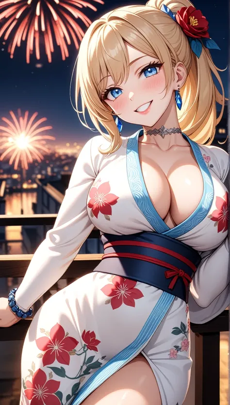 ((One personの女性)), Beautiful Face, (Laughing embarrassedly), (seductive smile:1.4), ((Wink:1.9)), (head tilt:1.3), Laugh with your mouth wide open, upper teeth, looking at viewer, ((Bright red cheeks:1.2)),Glossy Red Lips,rooftop, firework, Glossy red lips...