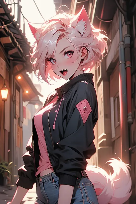 1girl, medieval city, dark alley, catgirl vampire, short pink hair, bob cut, , jeans, jacket, sharp teeth, sleek tail, timid, shy, open mouth