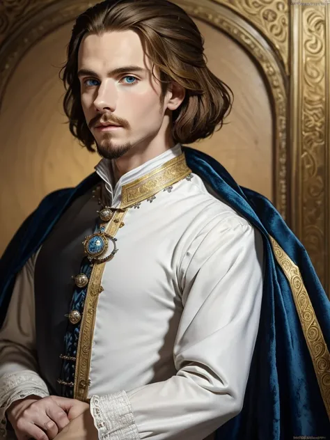 Portrait of Christopher Marlowe, piercing blue eyes, white skin, clean shaved, sharp jawline, silky golden-brown hair, clothes of Elizabethan era, black velvet doublet, white laced shirt, realism, high quality, Mucha style, Mucha background