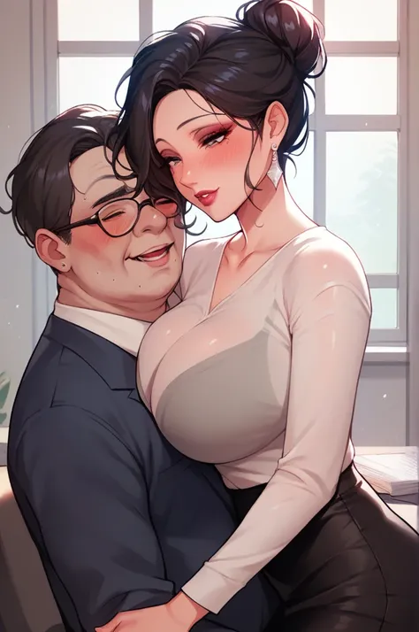 Hot sexy beautiful cute milf hugging with ugly fat old man in office cabin ,brown see through t shirt,black pencil skirt, silver chandelier earrings,big breasts,  lipstick,makeup, black hair bun,two falling hair strands,blush,short hair 