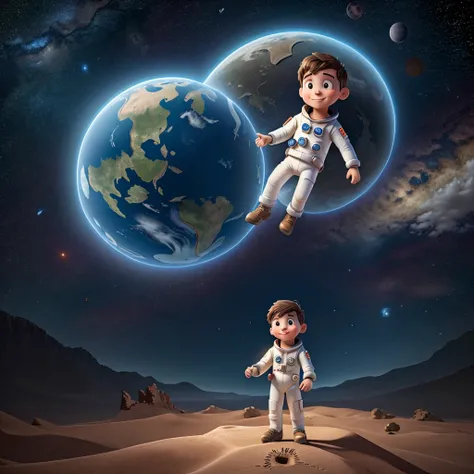 Happy alone astronaut boy floating in dark space with planet earth in the background 