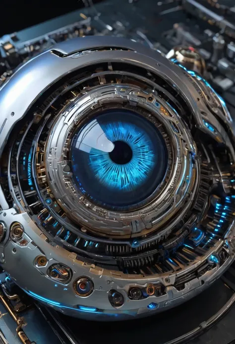 there is a ring with a blue eye on top of a keyboard, eye cyberpunk bionics, cybernetic eye, sci - fi jewellery, sci - fi details, intense sci-fi details, bionic scifi alexandre ferra, robotic eye, cyborg eyes, 8 k high detail concept art, hyper realistic ...