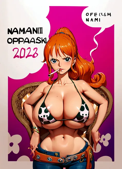 a cartoon picture of a woman in a bikini top and jeans, nami one piece, nami from one piece, nami, beautiful portrait of nami, from one piece, oppai, blue eyes, smoking, ponytail, nsfw