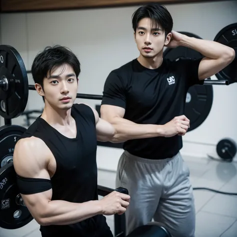 Korean man, Inspiration from Peng Yuyan, 30 years old, 236 years old, Cute Korean Face, 35 yo, 33 year old Korean muscular man，Gym in the background, black t-shirt