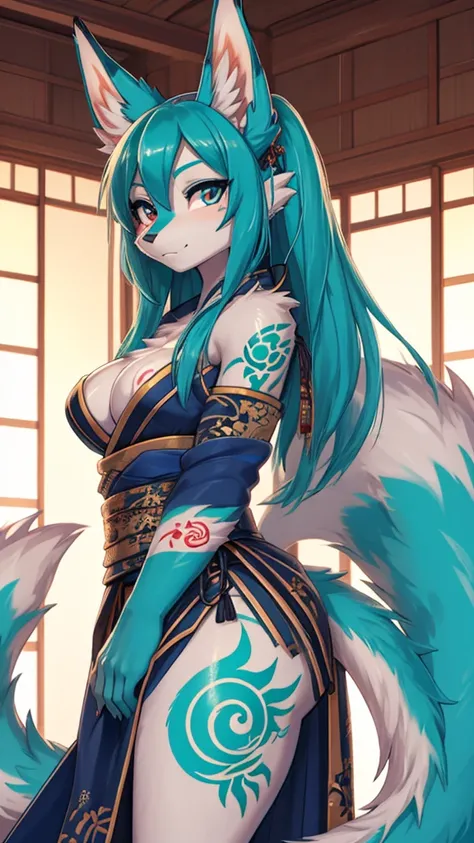 Miku Hatsune 18 years old girl, agregar alta definición_detalle:1, pelaje azul,Orejas de Kitsune, japanesse tattoo art agregar_detalle:1, brazos al aire, japanese samuray costume add_detail:1, resplandecent body