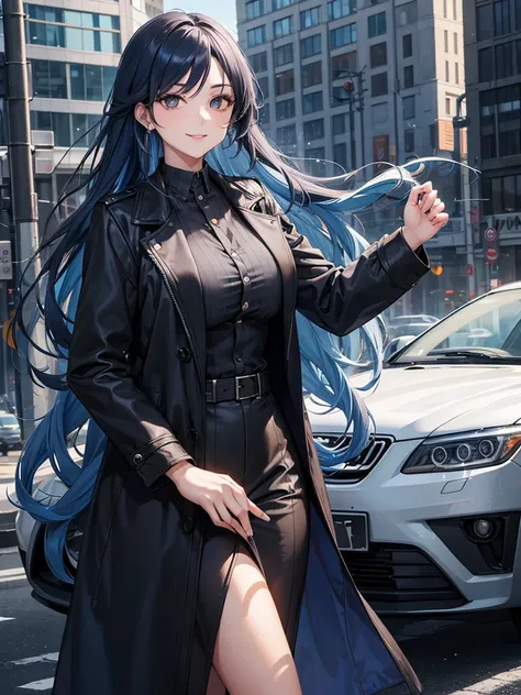 woman, long curry wavy blue hair, dark gray black eyes, independent woman, intimidating, kind smile. mature woman. mafia. wear jacket