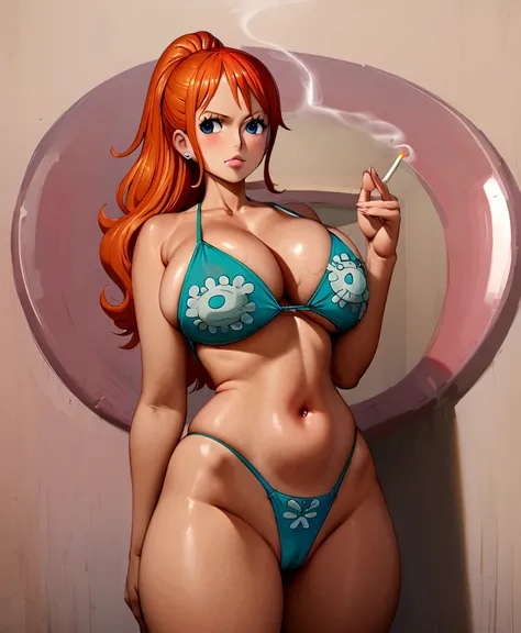 a cartoon picture of a woman in a bikini top and jeans, nami one piece, nami from one piece, nami, beautiful portrait of nami, from one piece, oppai, blue eyes, smoking, ponytail, nsfw