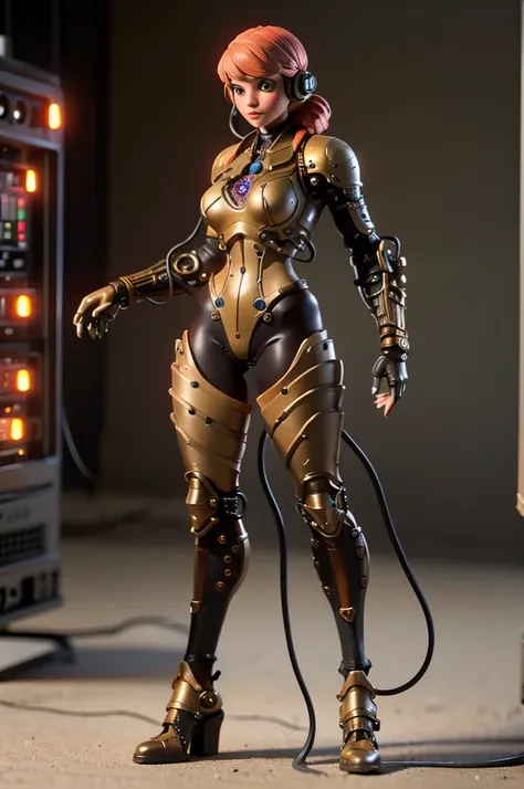 a full-length figure of a cool girl wearing a detailed steampunk armored suit. exposed wiring, lots of cords and tubes connectin...